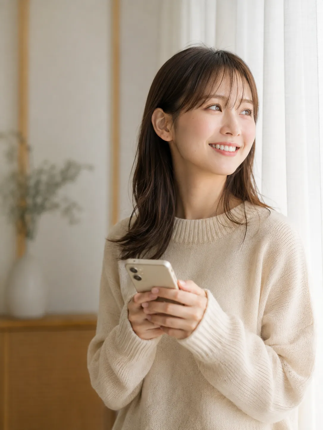 窓際でスマートフォンを持つ女性。大阪で在宅ライブ配信を始めるイメージ